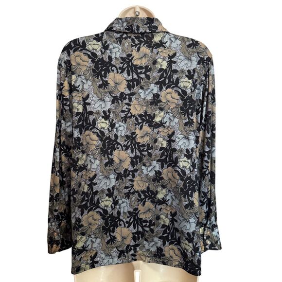 Rare 70s Vintage Brown, Black & Gray Floral Long Sleeve Button Down Top Size M - Picture 8 of 14